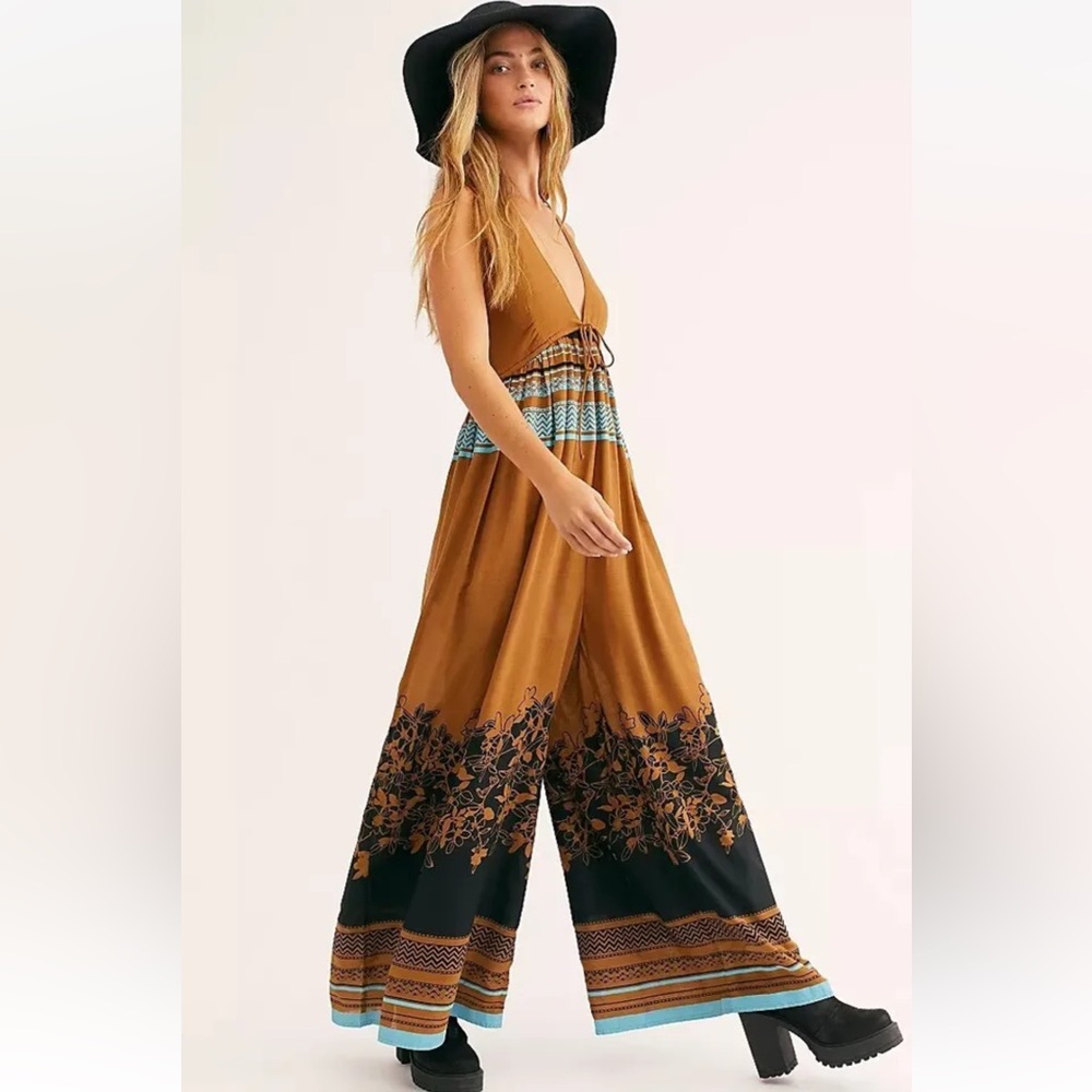 FREE PEOPLE PALM BEACH ONE PIECE PRINTED WIDE LEG JUMPSUIT